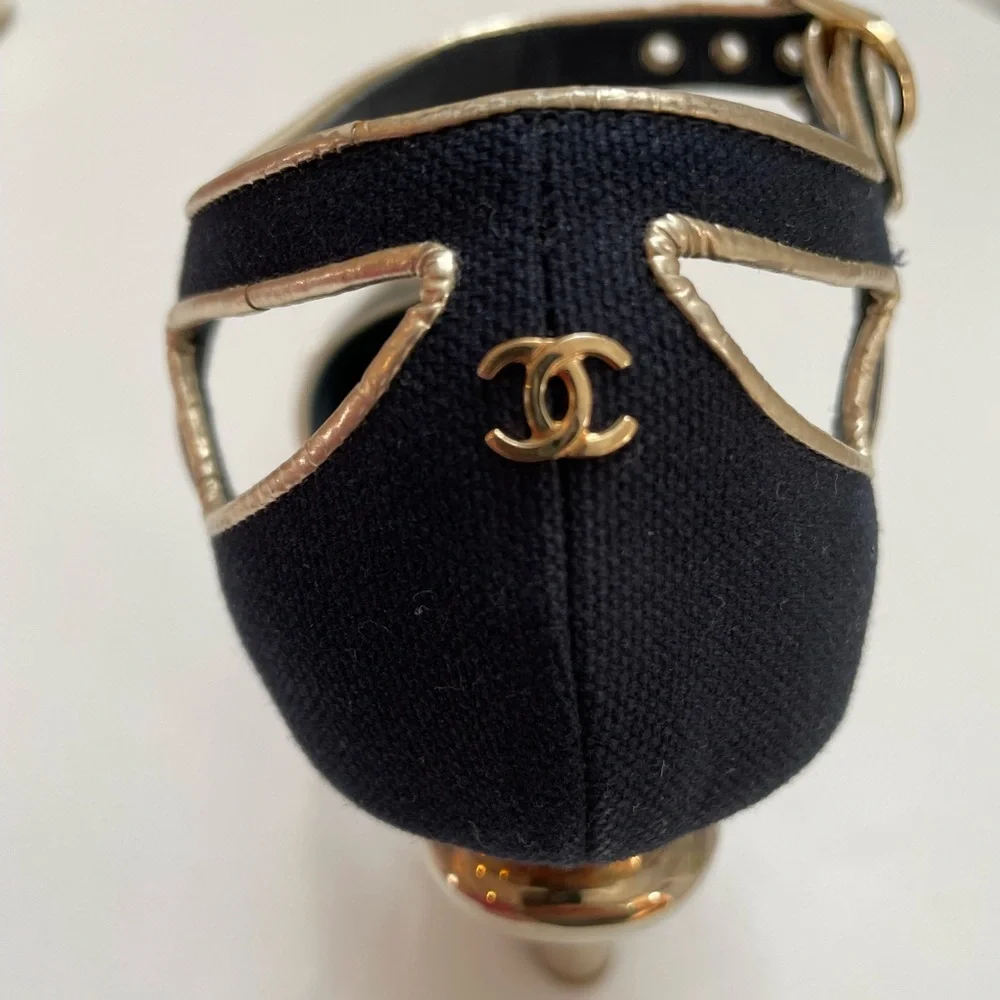 Chanel Gold Leather & Navy Peep-Toe Heels Size 7.5